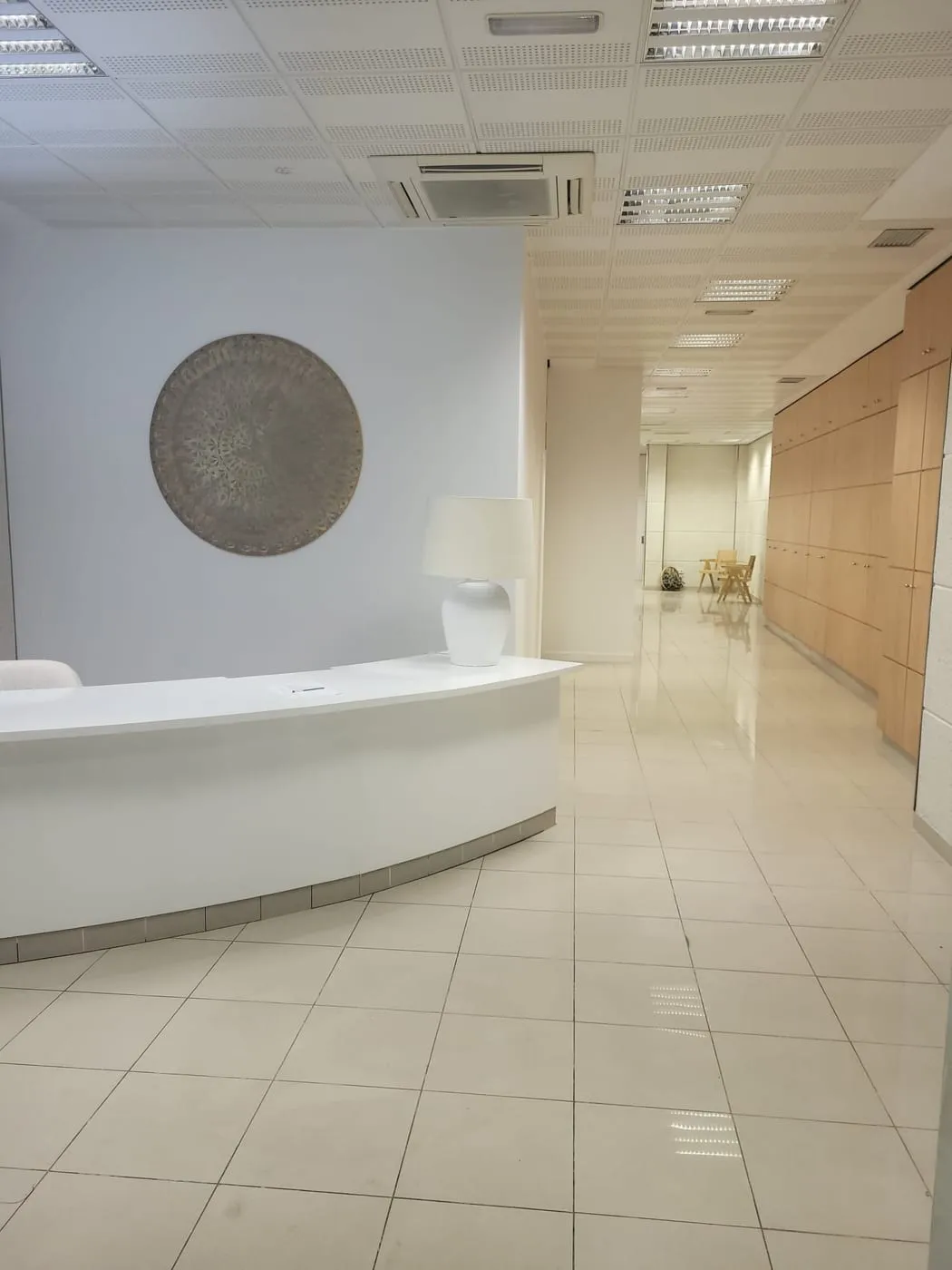 Área de recepción con pasillo y armarios